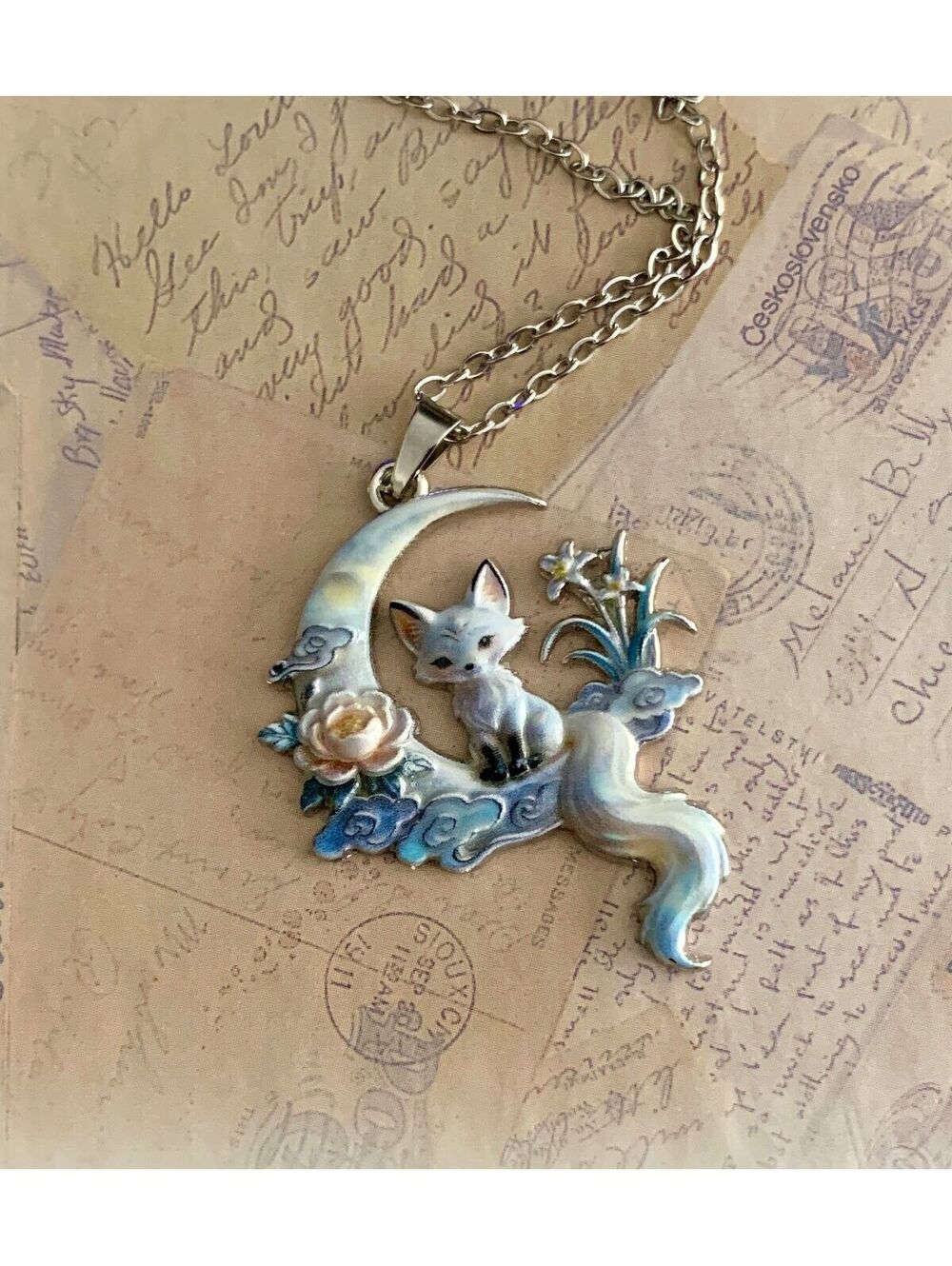 Whimsical Fox Moon Pendant Necklace with Floral Accents